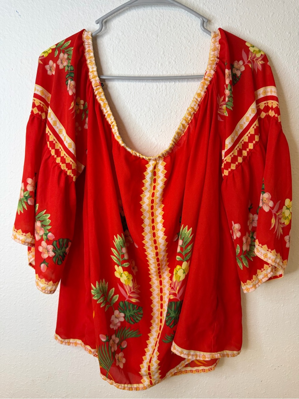 Women's Red Floral Peasant Blouse - Lightweight V-Neck Top